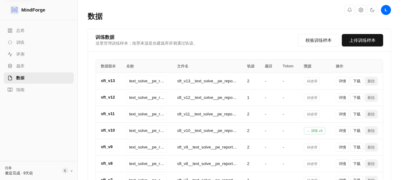 数据——训练数据表、题目数据上传与文本题库表。