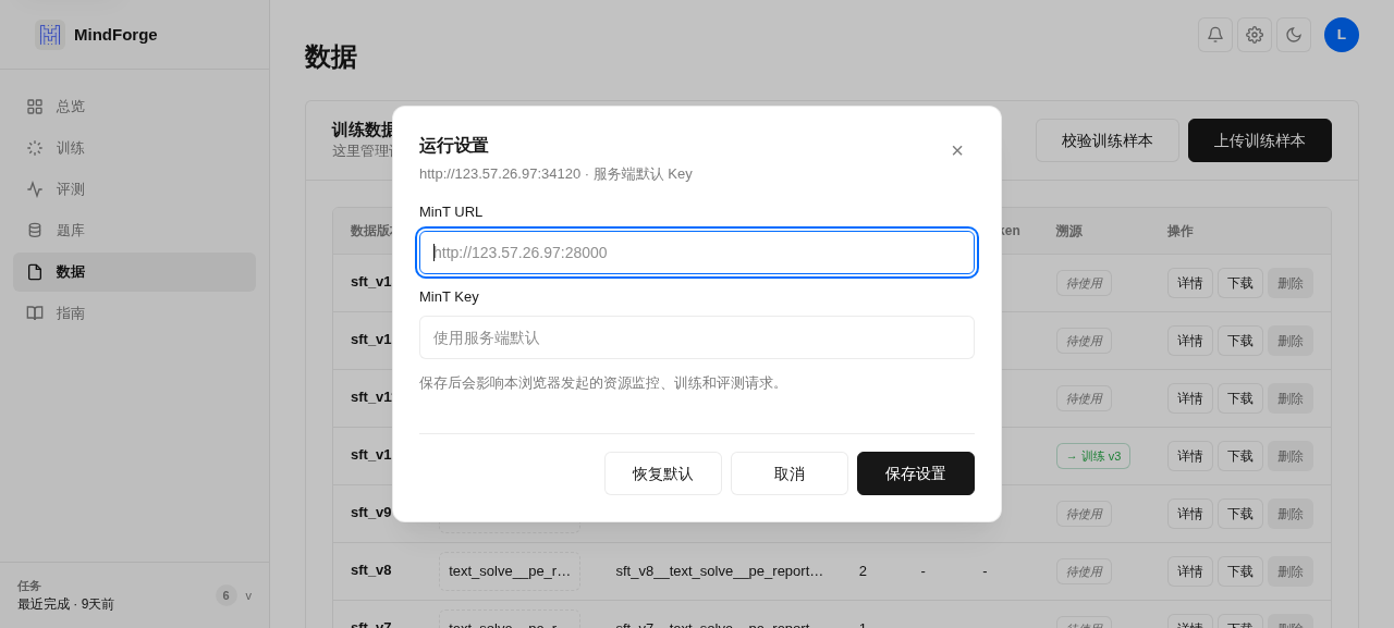 运行设置——设置 MinT URL 与 API key；保存到浏览器 localStorage。