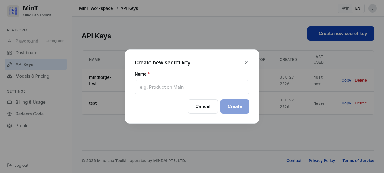 Create-key dialog — a key only needs a name; the secret is generated and shown once.