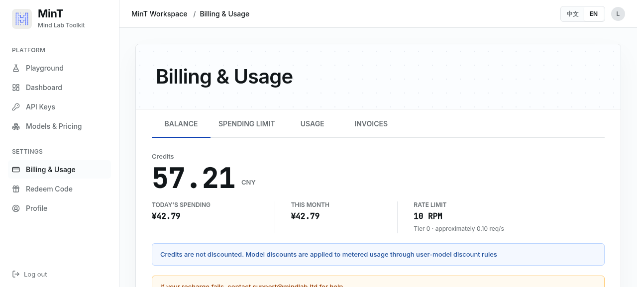 Billing balance — Credits balance, today/month spend, and account rate limit.