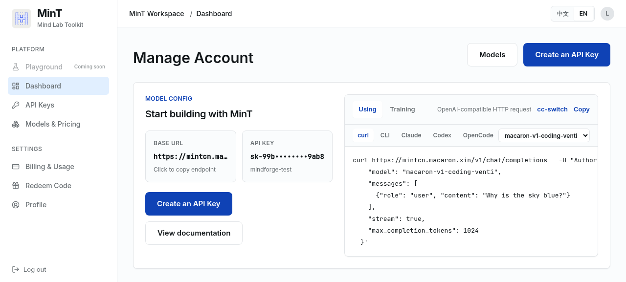 Dashboard overview — the Manage Account workbench showing your base URL, API key, model config, and the six integration methods.